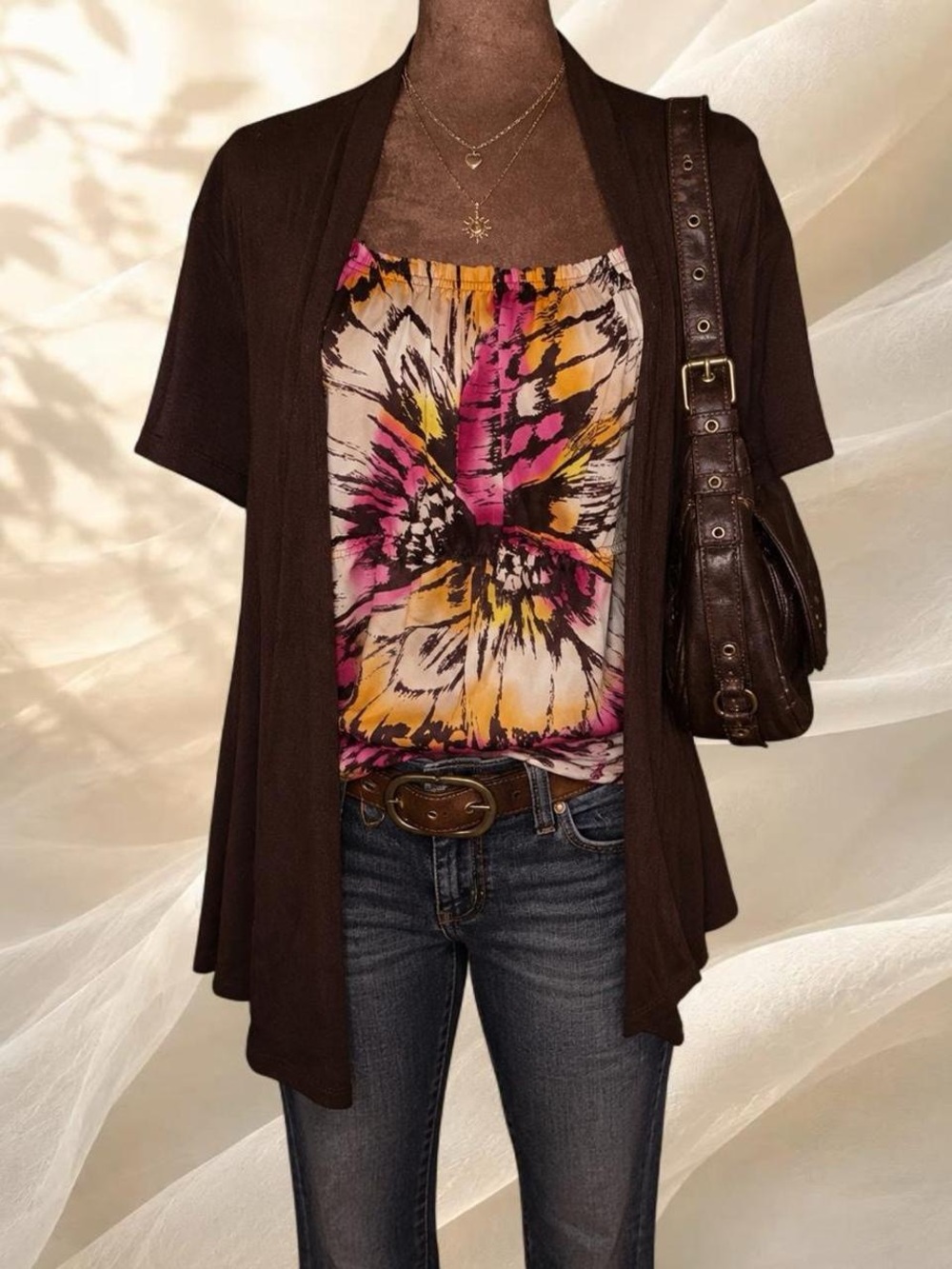 August Silk 2-in-1 Layered Cardigan Blouse Top Tie Dye Floral Size Large